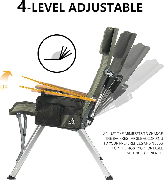 Reclining Camping Chair, Heavy Duty Folding Chairs with 4-Stage Adjustable High Back for Adults, Compact Foldable Outdoor Patio Reclining Chair with Storage Bag （Green）