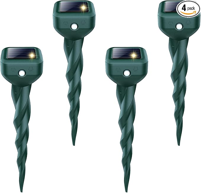 Mole Repellent Solar Powered, 4 Pack Snake Repellent for Yard, Waterproof Ultrasonic Deterrent Stakes, Get Rid for Rabbit, Gopher, Vole, Skunk, Chipmunk, Deer, Groundhog Sonic Spikes for Lawns Garden