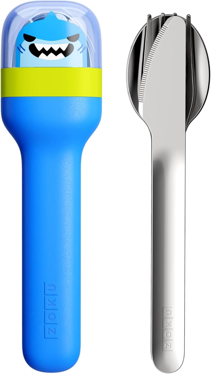 ZOKU Kids Pocket Utensil Set, Shark - Stainless Steel Fork, Knife, and Spoon in Case - Portable Design for Travel, School, Picnics, Camping and Outdoor Home Use