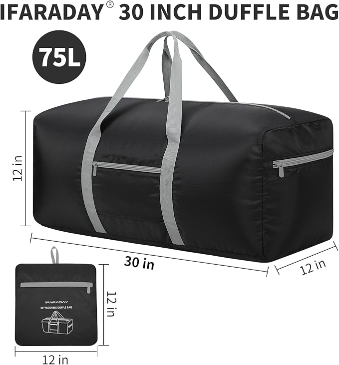 Foldable Duffle Bag for Travel - 30 inch / 75L Large Spare Travel Duffel Bag Lightweight with Trolley Sleeve - Black