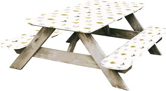 Picnic Table Cover and Bench Covers, Fitted Tablecloth Cover with Elastic Edge, Water and Oil Proof, for Outdoor, Garden, Camping, 72x28 Inch, 3 Pieces Set, Blue & White, Camping Cartoon
