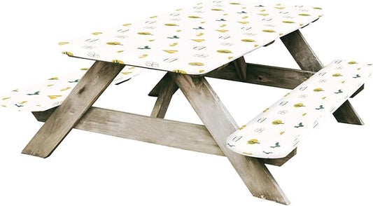 Picnic Table Cover and Bench Covers, Fitted Tablecloth Cover with Elastic Edge, Water and Oil Proof, for Outdoor, Garden, Camping, 72x28 Inch, 3 Pieces Set, Blue & White, Camping Cartoon