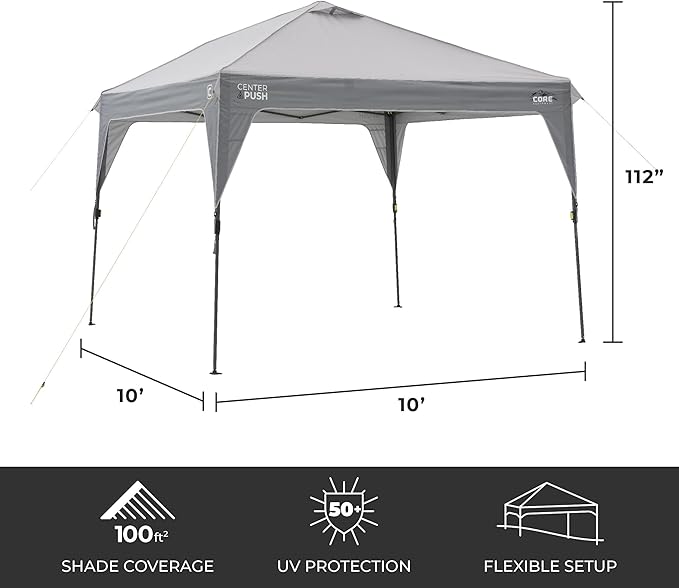 CORE 10 FT x 10 FT Instant Pop Up Canopy Tent | Portable Straight Leg Outdoor Gazebo Shelter with Wheeled Carry Bag | Perfect for Camping, Beach, Picnic, Backyards, BBQ, Tailgate, Patio and Party