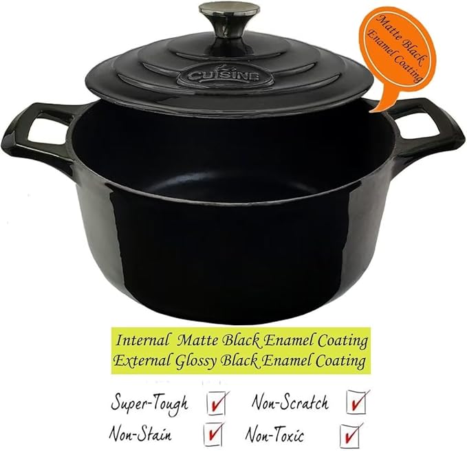 La Cuisine Enameled Cast Iron Dutch Oven Casserole dish pot with lid - 4.75 Litre 26cm Dia. Matte Black Enamel Coating Interior, Glossy Black Enamel Coating Exterior Oven-Safe
