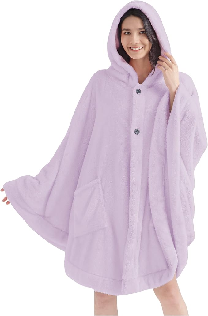 PAVILIA Angel Wrap Hooded Blanket Poncho, Wearable Blanket Throw Wrap Poncho for Women Adult, Cozy Fluffy Sherpa Fleece Shawl Cape with Hood pockets, Warm Gift for Mom Wife, Lavender Purple