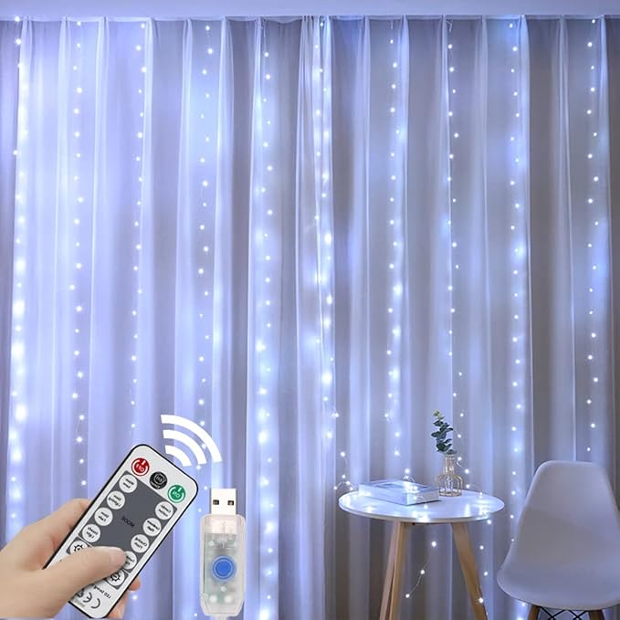 White Curtain Lights for Bedroom,7.9Ftx5.9Ft 144 LED Waterproof USB Powered Twinkle String Lights Wall Copper Fairy Lights with Control & 8 Modes for Room Window Halloween Decorations