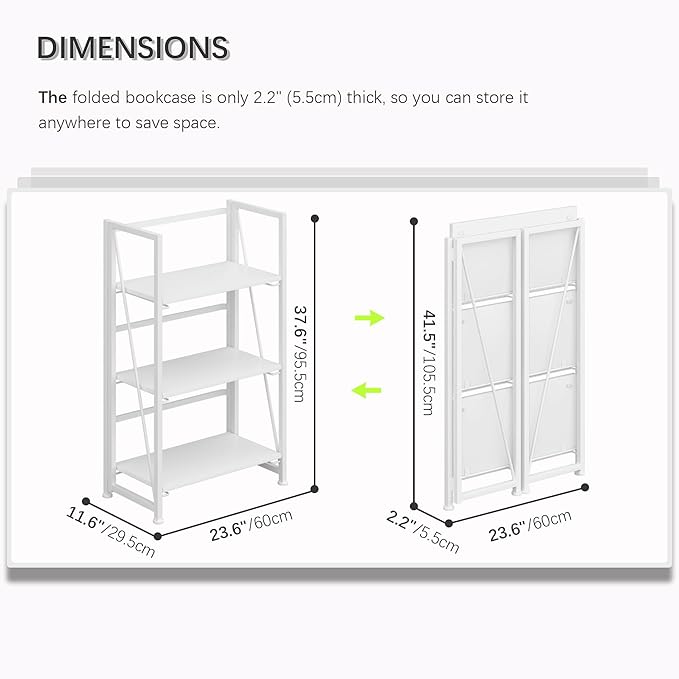4NM No-Assembly Folding Bookshelf Storage Shelves 3 Tiers Vintage Bookcase Standing Racks Study Organizer Home Office (All White)