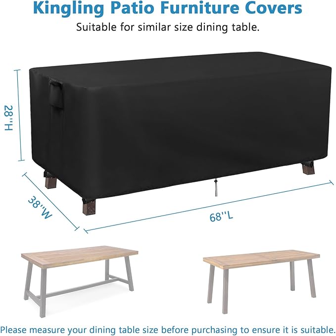 Kingling Patio Table Covers, Rectangular Outdoor Dining Table Cover 68 inch Outdoor Coffee Table Covers Waterproof Heavy Duty Patio Furniture Covers for Outdoor- 68''L x 38''W x 28''H (Black)