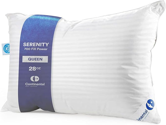 Continental Bedding | Serenity Goose Down Pillow | 700 Fill Power Hungarian White Down | 400TC Cotton Damask Shell | Made in USA | Firm, Queen (Pack of 1)