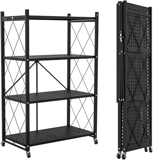 4-Tier Foldable Storage Shelf with Wheels - Metal Rack Collapsible Shelving Unit Display, Rolling Cart for Books Kitchen Storage Shelves, Pantry & Closet Organizer, Office Room Decor