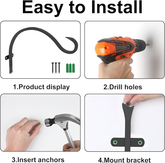 GameXcel Hanging Plant Bracket, 4PCS 12in Large Plant Hangers Outdoor Indoor Heavy-Duty Metal Wall Plant Hooks Plant Hanger with Screws for Home Decor Bird Feeders Lanterns Wind Chimes Decorative