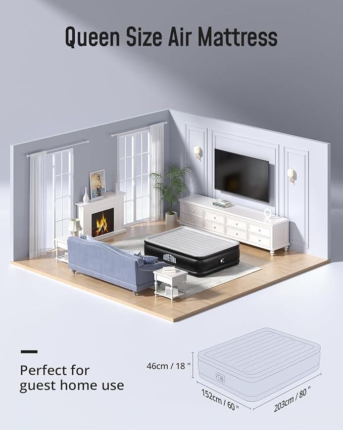 Airefina Air Mattress Queen with Built in Pump, 18 Raised Blow Up Mattress Upgraded Comfort Inflatable Mattress for Guest Home, with Portable Carrying Bag Air Bed Queen Size, Colchones Inflables