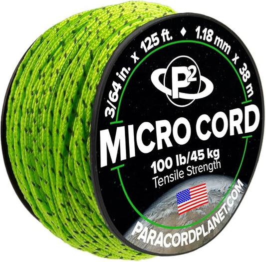 Paracord Planet Micro Paracord – Thin Braided Cord for Crafting, Fishing, and DIY Projects in 125 ft Spools – Reflective Neon Green