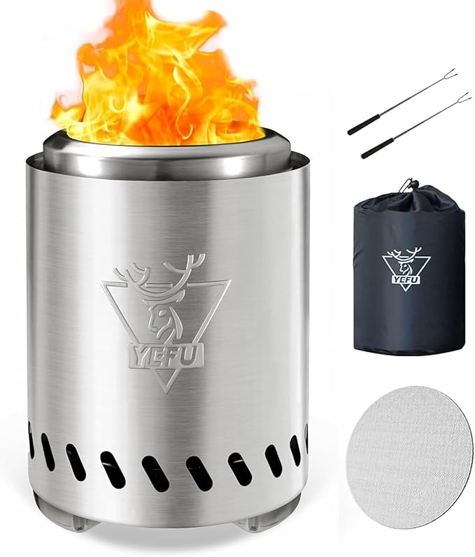YEFU Tabletop Fire Pit 9.7 x 7.1 in, Low Smoke Camping Stove for Outdoor & Patio, Fueled by Pellets or Wood, Safe Burning Table Top Firepit, with Travel Bag & 2 Mini Sticks & Fireproof Mat, Silver