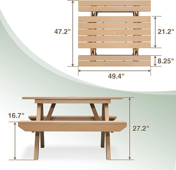 Psilvam Picnic Table - Heavy Duty Poly Lumber with Umbrella Hole & Integrated Benches, 100% Waterproof All-Weather for Patio, Garden (Teak Color)