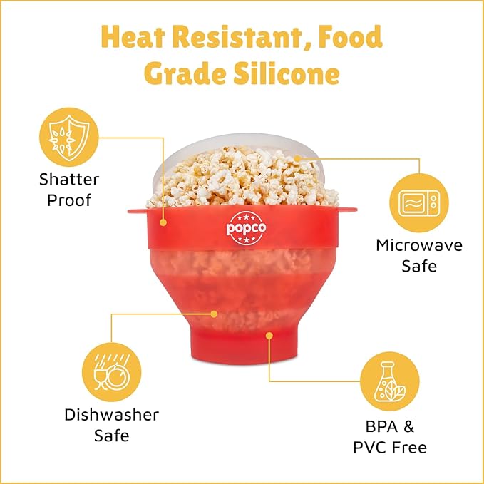 POPCO Silicone Popcorn Maker - Microwave Popcorn Popper - Collapsible Bowl, Heat-Resistant, Easy to Clean, Ideal for Family Movie Nights, 15-Cup Capacity - Transparent Red