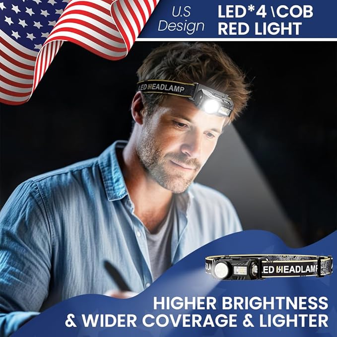 LED Headlamp Rechargeable with Motion Sensor - Super Bright Head Lamp with 6 Modes for Camping & Hiking Gear Essentials, IPX4 Waterproof Headlight Flashlight with Red Light, USB Cable Included(Orange)