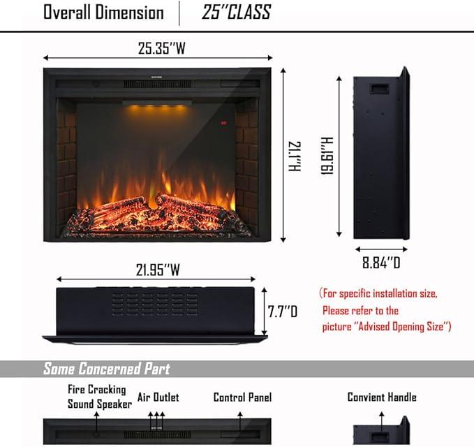 25'' Electric Fireplace Insert, Retro Recessed Fireplace Heater with Fire Cracking Sound, Remote Control & Timer, 750/1500W, Black