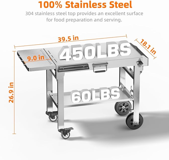 Food Grade 304 Stainless Steel BBQ Grill Table fits Tabletop Griddle, Outdoor Grill Table with 4 Foldable Legs, Portable Grill Stand for RV, Camping, Tailgating