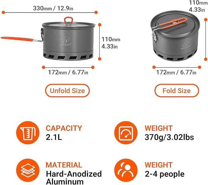 Bulin Camping Pot, 2.1L High Efficiency Backpacking Pot Ultralight Camping Cooking Set Cookware Gear with Heat-Proof Handle & Heat Exchanger for Outdoor Picnic Hiking Travel