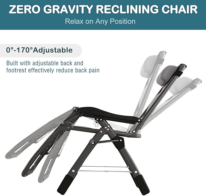 NAIZEA Padded Zero Gravity Chair, Cooling Fabric Folding Outdoor Lounge Chairs, Adjustable Reclining Camping Chairs with Cup Holder, Ergonomic Patio Lawn Chair for Balcony Beach Deck Yard