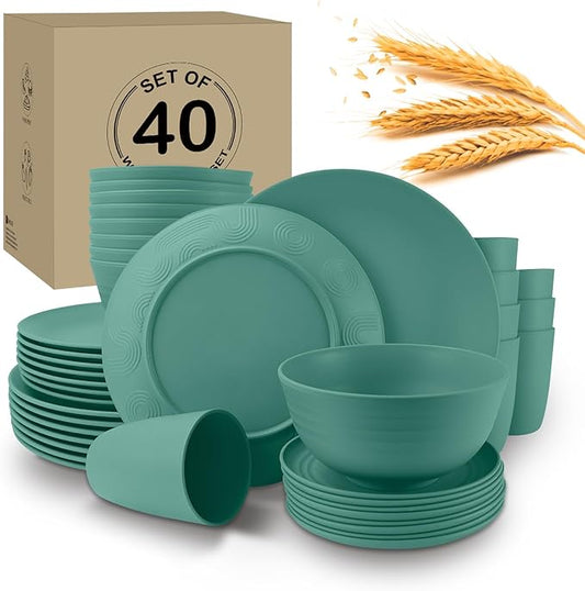 40Pack plates and bowls sets for kids - Unbreakable wheat straw dinnerware sets service for 8 - Alternative plastic 40pcs dish sets for kitchen, camping and indoors dinning - (Green)