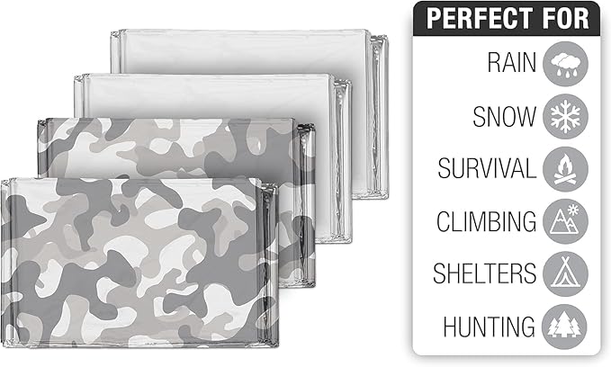 Swiss Safe 4 Pack Mylar Emergency Blankets for Survival - Compact & Insulated for Cold Weather - Designed for NASA, Outdoor, Running, Camping, Survival, First Aid Car Kit - Camouflage, 4 Pack