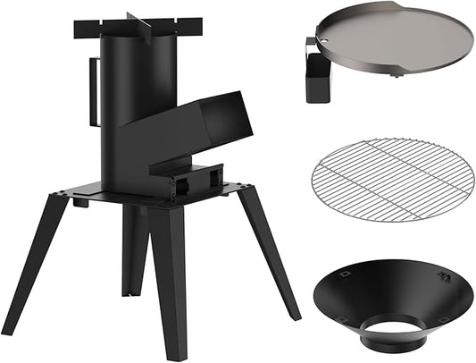 3-in-1 Camp Rocket Stove Kit with BBQ Grate, Griddle, Pot Rack, Portable Wood Burning Stove with Detachable Stand, Camping Gear for Outdoor Cooking Patio Barbecue RV Tailgating, GS345