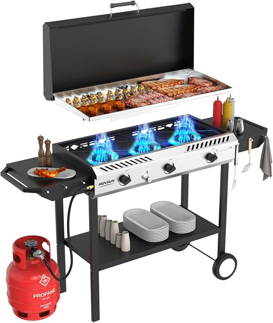 ROVSUN 3 Burner Outdoor Propane Gas Stove with Griddle, Ignition & Side Shelves, 225,000 BTU Powerful Gas Stove Outdoor Cooker for Backyard Patio Cooking Home Camping Grilling Canning Turkey Frying