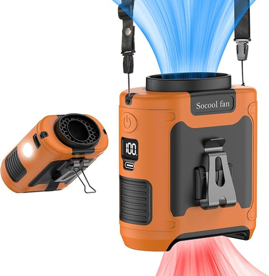 Socool 10000mAh Portable Waist Fan Clip on Wearable Belt Personal Fan Rechargeable Battery Operated with 5 Speeds & Flashlight Neck Hands-Free 40H Cooling for Outdoor Travel Power Bank (Orange)