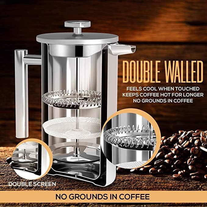 Utopia Kitchen French Press Coffee Maker, Double Wall Insulated Stainless Steel Coffee Press with 4-Level Filtration system, Includes 2 Extra Filters, Rust-Free, Dishwasher Safe (Silver, 17 Ounce)