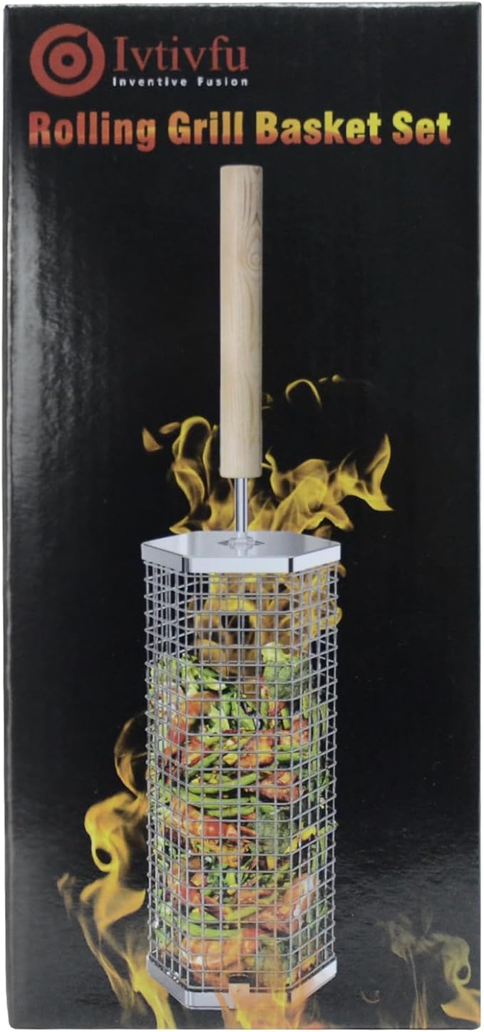 Rolling Grill Baskets (2PCS, Hexagon), Removable Wooden Handle, 304 Stainless Steel, Nesting Grilling Net, BBQ Accessories Tools for Vegetables Shrimp, Outdoor Cooking Camping, Birthday Gifts for Men Dad Husband