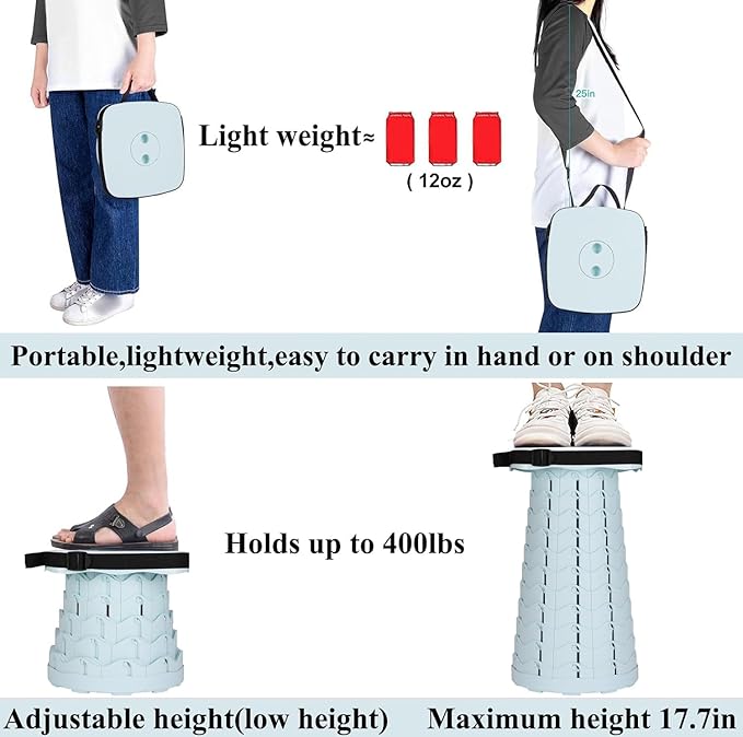 Fishboy Upgraded Square Collapsible Stool, 400lb Max Weight, Lightweight But Sturdy, Portable Retractable Folding Telescoping Foldable Camping Stool for Adults Outdoor Fishing Hiking Travel BBQ