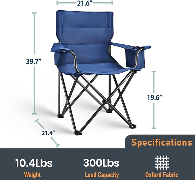2 Pack Camping Chair Folding Heavy Duty with Cup Holder & Cooler Bag, Oversized Portable Lawn Chair for Adults, Tall and Lightweight, 300 lbs Capacity, for Beach, Fishing, Sports, Travel