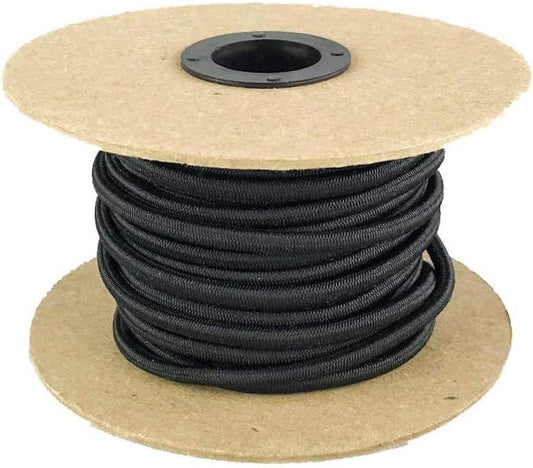 Elastic Bungee Cord. 3/16", 3/8", 1/4", 5/16", 1/8". 50 and 100 Foot Spools. Weather and Abrasion Resistant. Used for Tie Downs, Crafting, DIY Projects. Black Shock Cord. Made in The USA