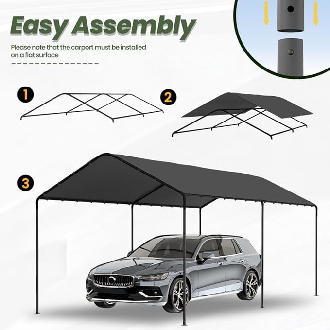 Carport, 10‘ x 20’ Heavy Duty Portable Garage All-Season Car Canopy w/Removable Sidewall & Doors, Carport Canopy Party Tent w/Water-Resistant Tarp for Backyard (Grey, 10' x 20' /no Side)