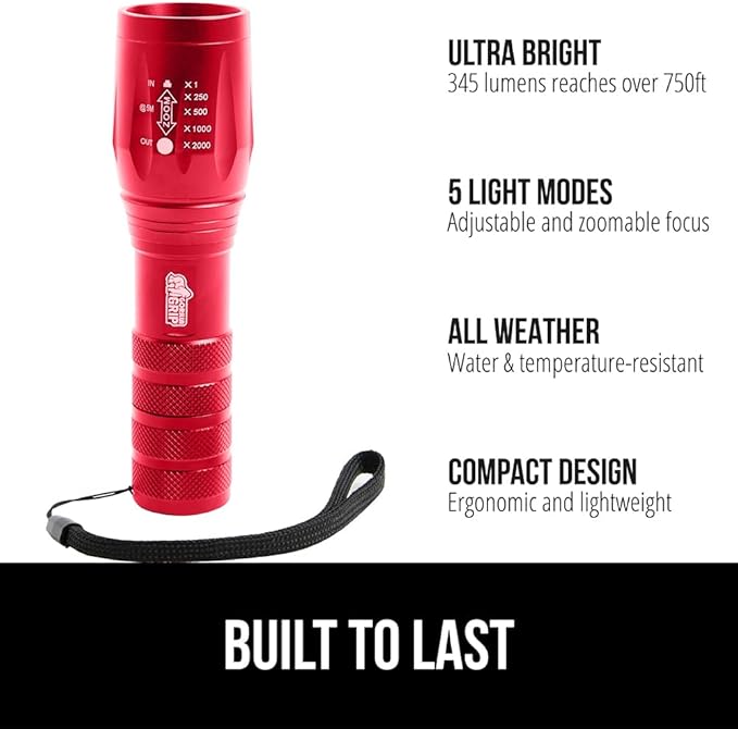 GORILLA GRIP Powerful LED Tactical Flashlight, 750 FT High Lumens 5 Adjustable Modes, Water Resistant, Ultra Bright Zoom Flashlights, Small Mini Flash Light, Camping, Night Dog Walking, Red