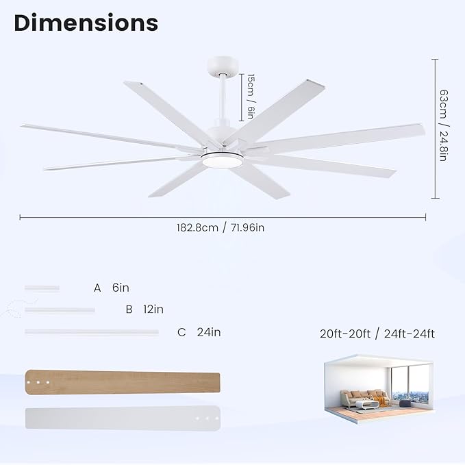 Newday 72 inch Large Ceiling Fans with Lights and Remote, Indoor/Outdoor White Ceiling Fan for Living Room Patio, 6 Speeds Slient Reversible DC Motor, 3CCT, Timer, 3 Downrods, 8 Blades