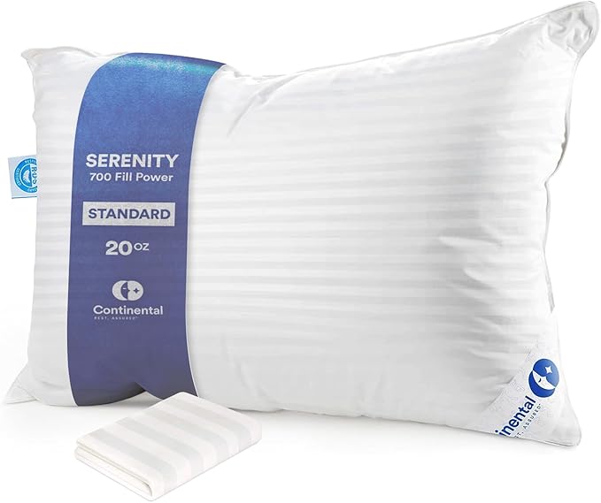 Continental Bedding | Serenity Goose Down Pillow | 700 Fill Power Hungarian White Down | 400TC Cotton Damask Shell | Made in USA | Medium, Standard with Protector