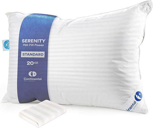 Continental Bedding | Serenity Goose Down Pillow | 700 Fill Power Hungarian White Down | 400TC Cotton Damask Shell | Made in USA | Medium, Standard with Protector