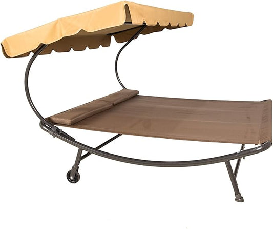 Sunnyglade 6.6'L x 6.5'W Patio Double Chaise Lounge Bed with Canopy,Headrest Pillow and Wheels,Portable Outdoor Hammock Bed for Backyard,Lawn,Garden,Courtyard,Brown