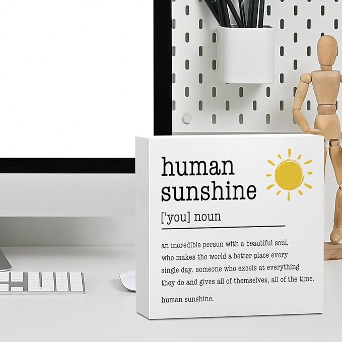 Sunshine Gifts Inspirational Office Supplies Human Sunshine Gift Decor White Wooden Box Sign Motivational Appreciation Gifts for Teacher Coworker Doctor Cubicle Accessories Home Table Decorations