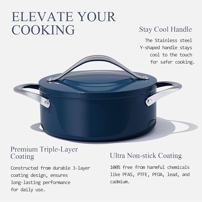 Stock Pot 4.5qt Dutch Oven with Lid (9.5") Nonstick Ceramic Coated Non-Toxic PFAS-Free Even Heat Distribution for Braising, Baking Bread & Soups, Compatible for All Cooktops(Induction/Gas/Electric) Oven Safe to 500°F (Navy Blue)