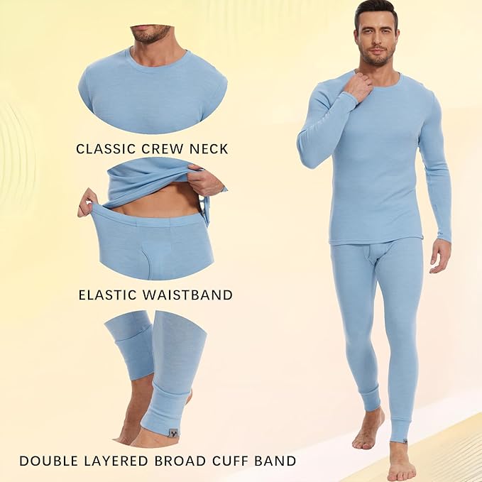 MERINNOVATION Merino Wool Base Layer Set for Men 100% Merino Wool Thermal Underwear Long Sleeve