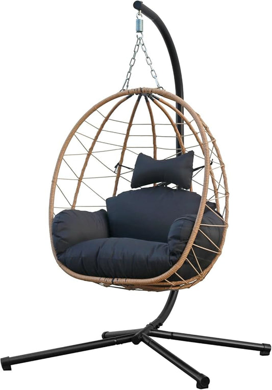 Egg Chair with Stand, Uv-Proof Pe Wicker Hanging Chair for Outdoor Patio, Cushioned Hammock Swing for Bedroom Garden Indoor/Outdoor, Double-Zipper Structure Hanging Egg Chair (Yellow and Black)