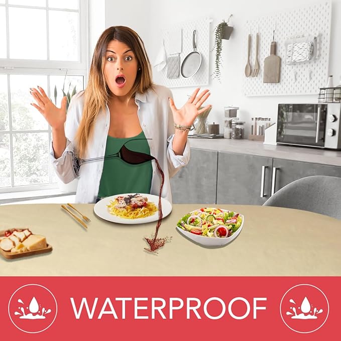 LAMINET Elastic Fitted Table Cover - Basketweave (Beige) - Oblong/Oval - Fits Tables up to 48 x 68”