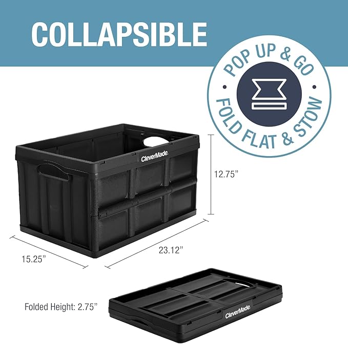 CleverMade Collapsible Storage Bins - Obsidian 3 Pack 62L - Stackable Containers Heavy Duty Capacity Folding Crates - Space-Saving for Home