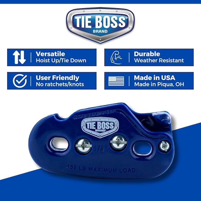 Tie Boss - 1/4 Inch, Medium Duty, (150 lbs Working Load Limit), Weather Resistant, Tie Down, Rope Tightening System, (w/15 ft Rope) (Pack of 1) (Blue)