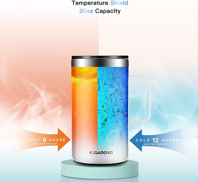 KXIAOCHEN 20oz Insulated Coffee Mug with Lid, Stainless Steel Coffee Cup, Double Wall Vacuum Coffee Tumbler with Handle, Premium Thermal Travel Coffee Mug (Glitter Black White 2Pack)