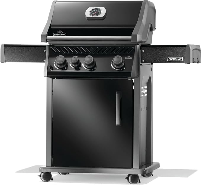 Napoleon Rogue 425 Propane Gas Grill with Range Side Burner, Black, 3 Stainless Steel Main Burners, Durable Grilling Power